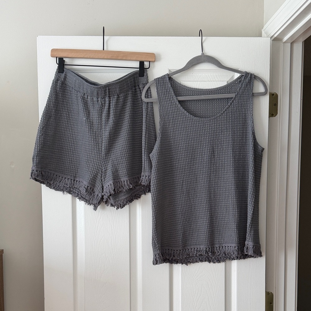 Waffle Knit Fringe Tank & Shorts Sleep Set - Gray